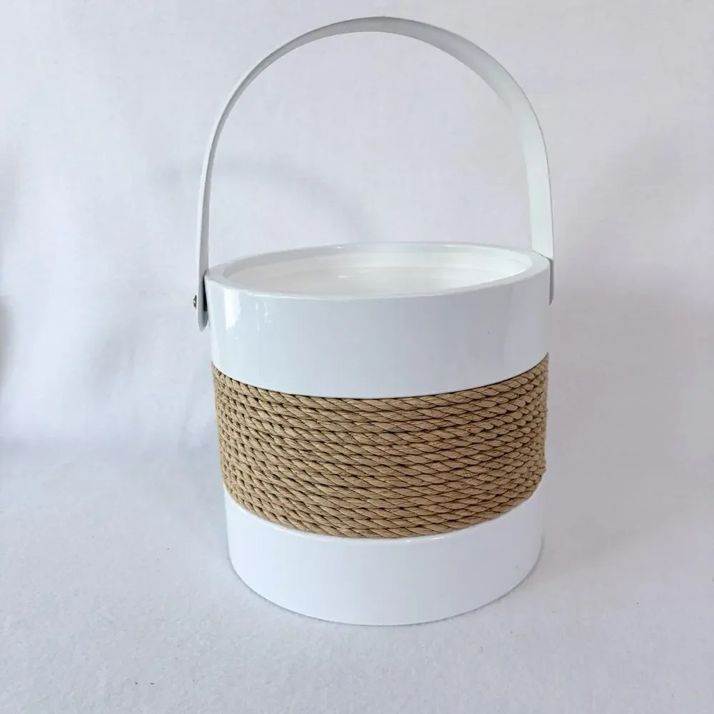 Georges Briard White Vinyl Ice Bucket Cooler Handle 70s Boho MCM Resort Beach
